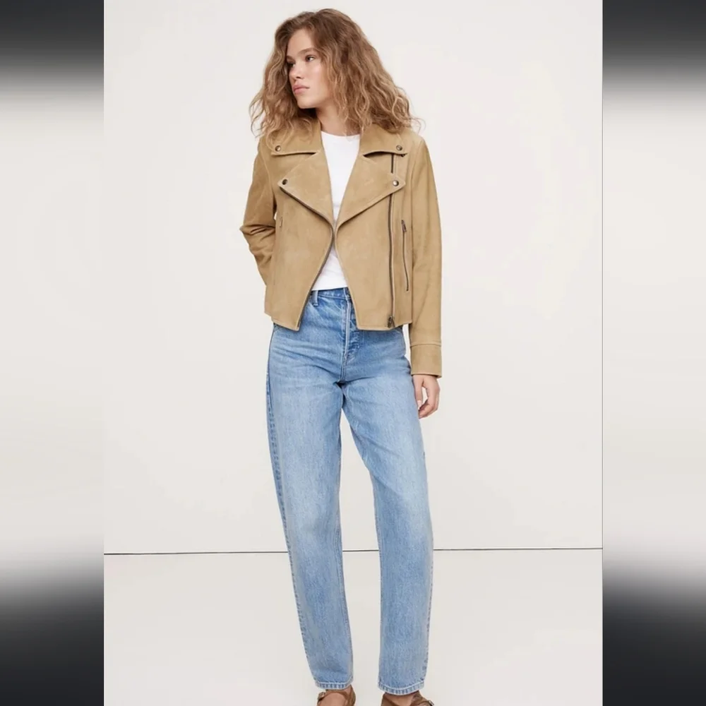 Banana Republic Camel Micro Faux Suede Moto Jacket Size Medium - Picture 2 of 8
